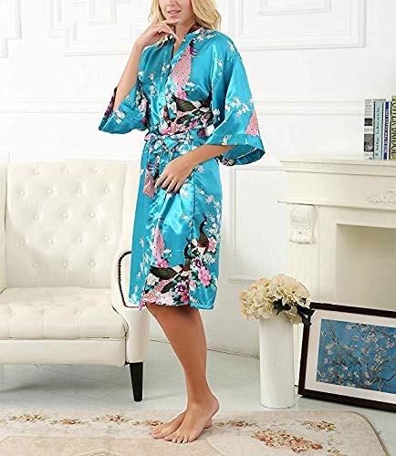 Asian Home Flower Peacock Satin Silk Kimono Robe, Dressing Gown, Bridal, Gift (Blue) - Thumbnail 5