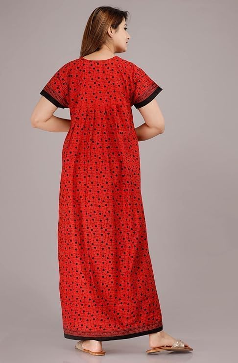 Image of NILOUFO Women's Cotton Printed Maxi Nighty - Pack of 2 | Soft Ankle-Length Sleepwear Gowns for Women | Free Size Night Dresses (Musterd,Red, Free Size)