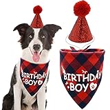 Dog Birthday Boy Bandana and Hat Set “Birthday Boy” Print Plaid Dogs Party Supplies Triangle...