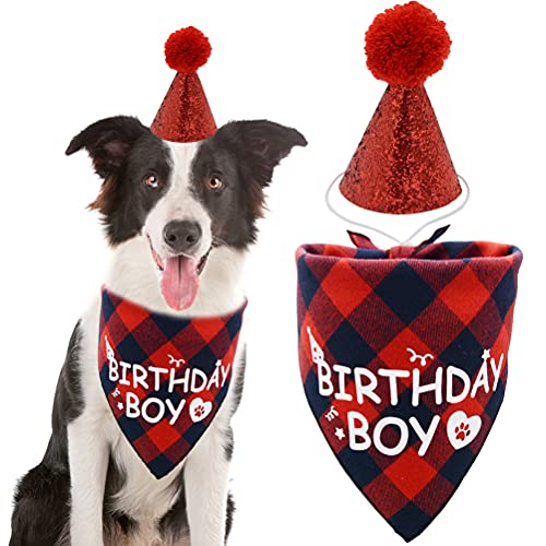 Dog Birthday Boy Bandana And Hat Set “Birthday Boy” Print Plaid Dogs Party Supplies Triangle Scarf Bibs For Small Medium Large Pets Red #TOP13
