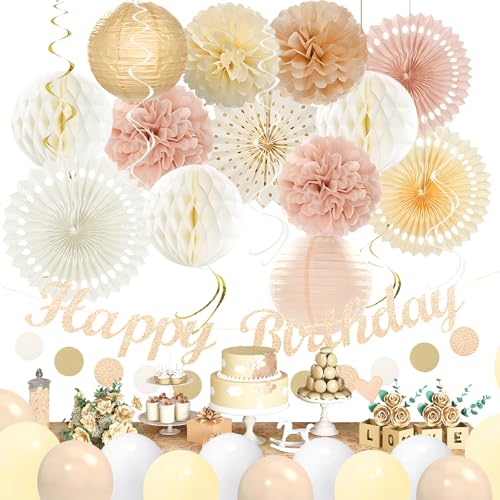 Image of Champagne-Gold Birthday Decorations for Women Girls,Pre-Strung Happy Birthday Banner,Boho Peach Pink Paper Lanterns Tissue Pom Poms Fan,Cream White Balloons,Girl Woman Party Backdrop Supplies