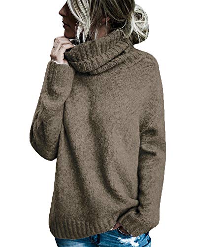 Karlywindow Womens Long Sleeve Turtleneck Sweaters Fleece Knitted Chunky Loose Cozy Pullover Coffee
