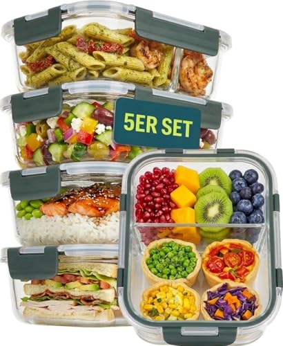 uandu Meal Prep Boxen Glas mit 2 Fächern – Glasbehälter mit Deckel 5-teilig – Frischhaltedosen Glas 950 ml BPA-frei – Mikrowellen- & Gefrierschrankgeeignet