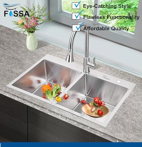 Image of Fossa 37 inchx18 inchx10 inch 5-Year Warranty Premium Stainless Steel Double Bowl Kitchen Sink | Topmount Sink with Tap Hole, Drain Basket, Soap Dispenser & Strainer | Silver (Matte Finish)