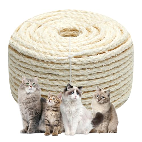 White Sisal Rope 1/6 Inch by 164-Feet for Cat Scratching Post Tree Tower Replacement Repair and Replace DIY Hemp Twine Rope for Kittens Shelves Furniture Window Bed Perch House Climbing 4mm by 50m
