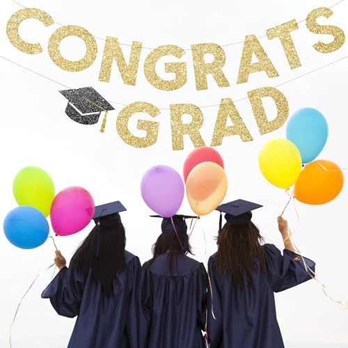 Image of Congrats Grad Banner Gold Glitter Pre-Strung Congrats Grad Sign - 8ft -No DIY - Graduation Party Decorations for Class of 2026 Graduation Decorations