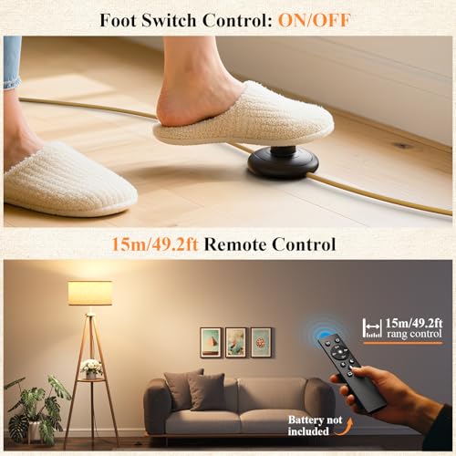 Tripod Floor Lamp with Storage Shelves - 12W Solid Wooden Standing Lamp with E27 Bulb & Remote Control, Corner Lights for Living Room, Bedroom (Light Brown) - Image 3