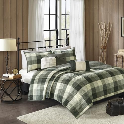 Image of Madison Park Reversible Quilt Cabin Lifestyle Plaid Design - All Season, Breathable Coverlet Bedspread Bedding Set, Matching Shams, Ridge Grey Full /Queen(90 inchx90 inch) 6 Piece