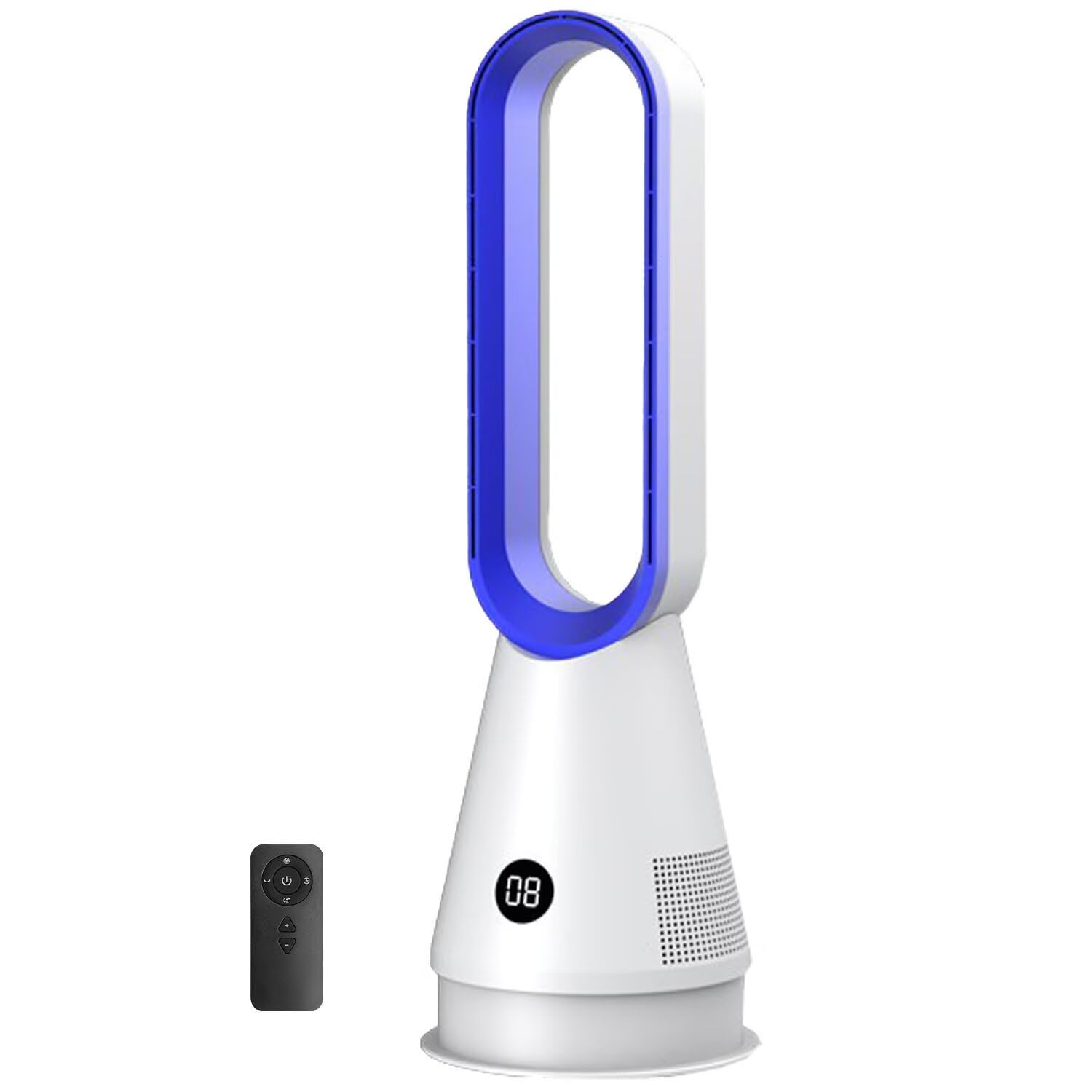 Ventilador Piso Alto frío y Calor Control Remoto Torre sin aspas purificador Aire 8 Horas autonomía oscilación 80° Temporizador Pantalla LED Apagado automático.