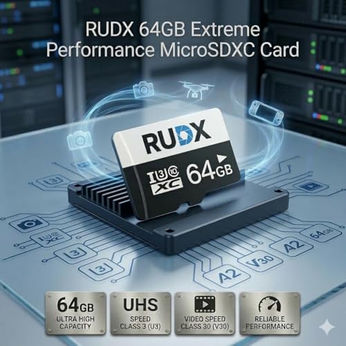 Image of RUDX 64GB microSDXC Memory Card - Class 10, U3, V30 for CCTV, Cameras, Smartphones, 4k Video (Card + Adapter)