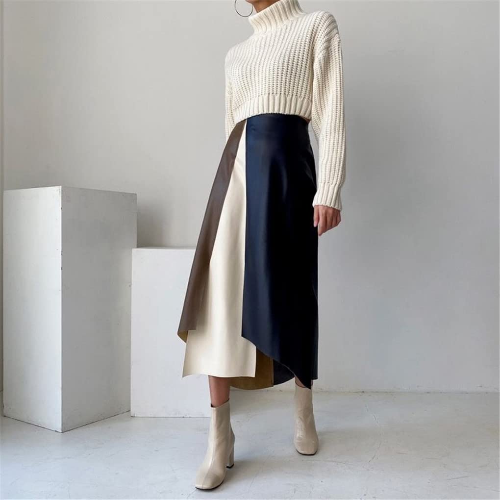 Dninmim Gonna da donna asimmetrica A-Line a vita alta in pelle gonna estiva vintage media lunghezza