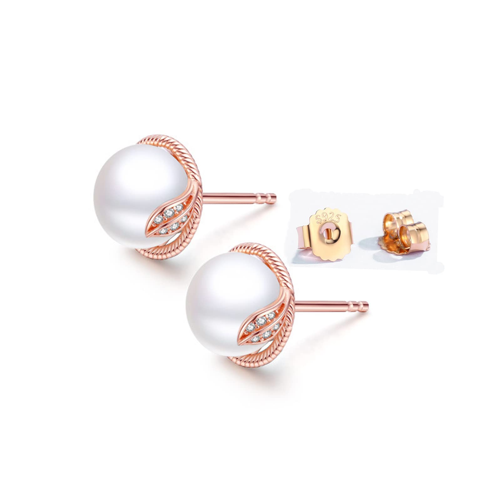 H'Helen Pendientes de Mujer Plata de Ley S925 baño de oro rosa Perlas cultivadas de agua dulce AAAA+Blancas 8-9mm H'Helen