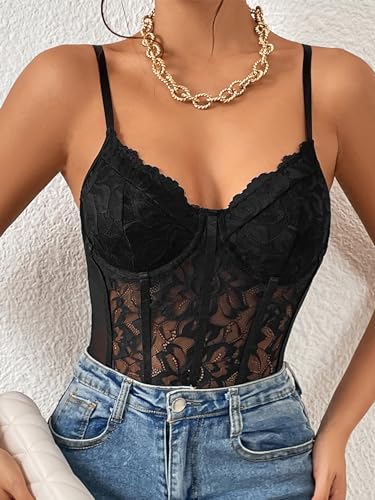 COZYEASE Women's Lace Bustier Cami Bodysuit Plain Sleeveless Slim Fit Sheer Mesh Corset Top Romper4
