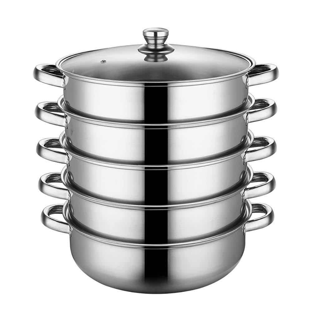 Olla para cocinar al Vapor, Vaporera de 5 Capas de Acero Inoxidable 304 Pulido, Olla de Vapor de 34 cm, Incluye una Olla de Fondo, Cuatro ollas de Vapor y una Tapa,Silver-34cm