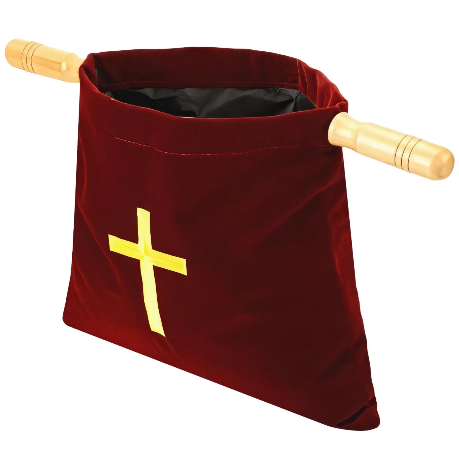 byepica Velvet Offering Pouch with Wooden Handles, Cross Embroidered, Soft and, 10 X 11.3 in, Great for Church Donations and Events