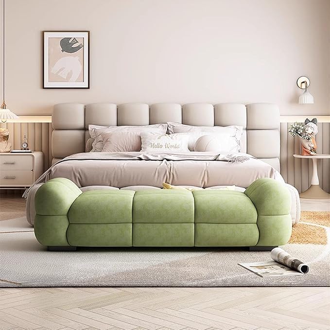 Bench with Armrest 2 Seater Sofa Ottoman for Living Room, Boucle Upholstered Ottoman Bench with Tufted Design (Green Boucle)-image-26