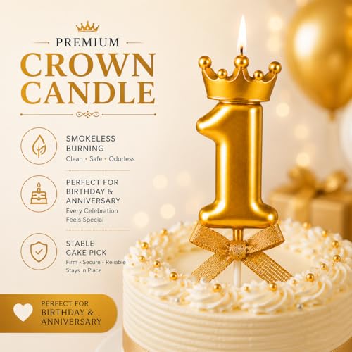Image of Number 1 Cake Decoration Unscented Wax Candle with Crown for Birthday, Wedding, Engagement, Theme Party, Bachelorette Celebration 1 Pc Gold
