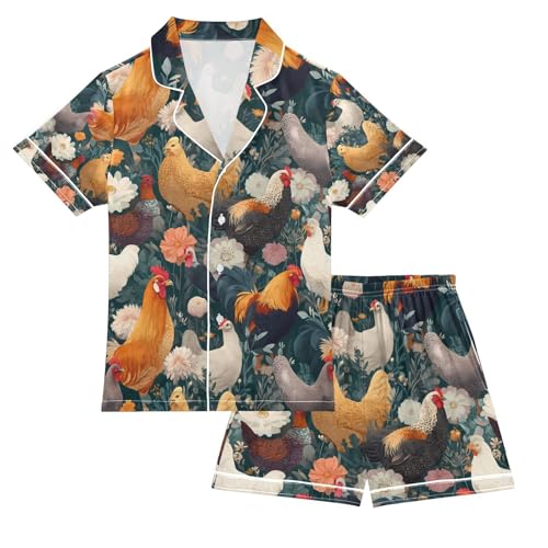 senya Rooster Hen Flowers Satin Summer Pajama Sets Silk Short Sleeve Button Down Sleepwear