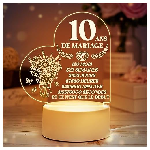 Cadeau Mariage, Veilleuse en Acrylique, Cadeau de Mariage, Cadeau 10 Ans de Mariage Etain, Cadeau Anniversaire de Mariage, 10 Ans de Mariage, Cadeau 10 Ans de Mariage