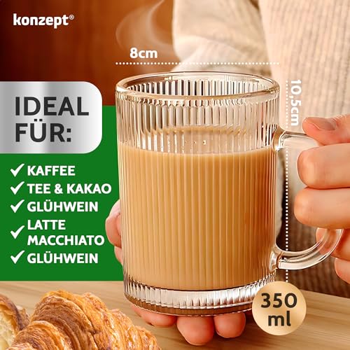 KONZEPT Teegläser mit Henkel Set 6er, 350 ml, geriffelte, ideal als Kaffeegläser – Bild 4