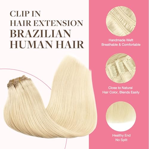 Image of GOO GOO Clip in Hair Extensions Real Human Hair, Remy Human Hair Extensions Clip ins for Women, Natural Human Hair, 22inch 150g 9Pcs, 613R Bleach Blonde