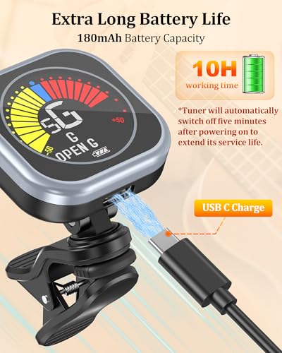 Image of New Bee Guitar Tuner Clip-On Rechargeable with Color Screen 360 Rotatable Acoustic Chromatic Open Tuning for Guitar, Bass, Ukulele, Violin (Grey, 1 Pack)
