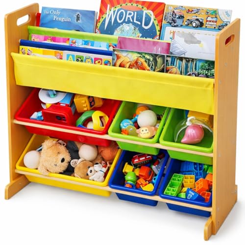 Homesmiths Wood Toy Organizer with Book Rack | 6 Multicolor Bins & 3 Sling Pockets | Kids Storage for Toys Books & Art Supplies Brown L86B26.5H78cm