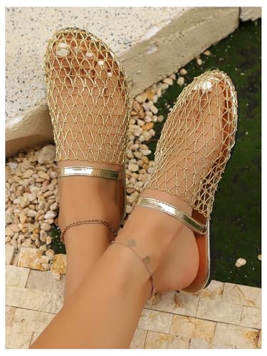GORGLITTER Women's Fishnet Mesh Close Toe Flat Sandals Metallic Hollow Out Slip On Slides2