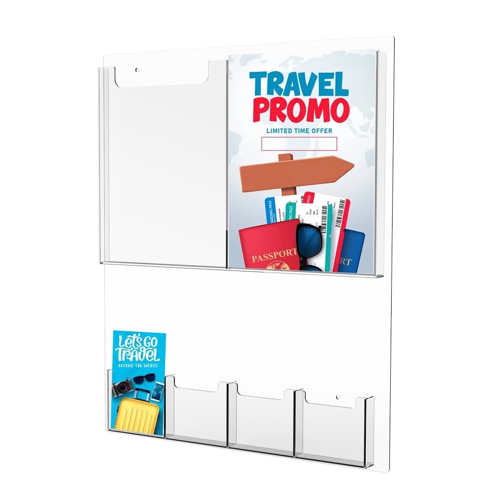 Acrylic Brochure Holder Wall Mount: Clear Multi Pocket Magazine/Pamphlet/Literature Display Holder - Plastic Flyer Rack with Slots for Offices Home