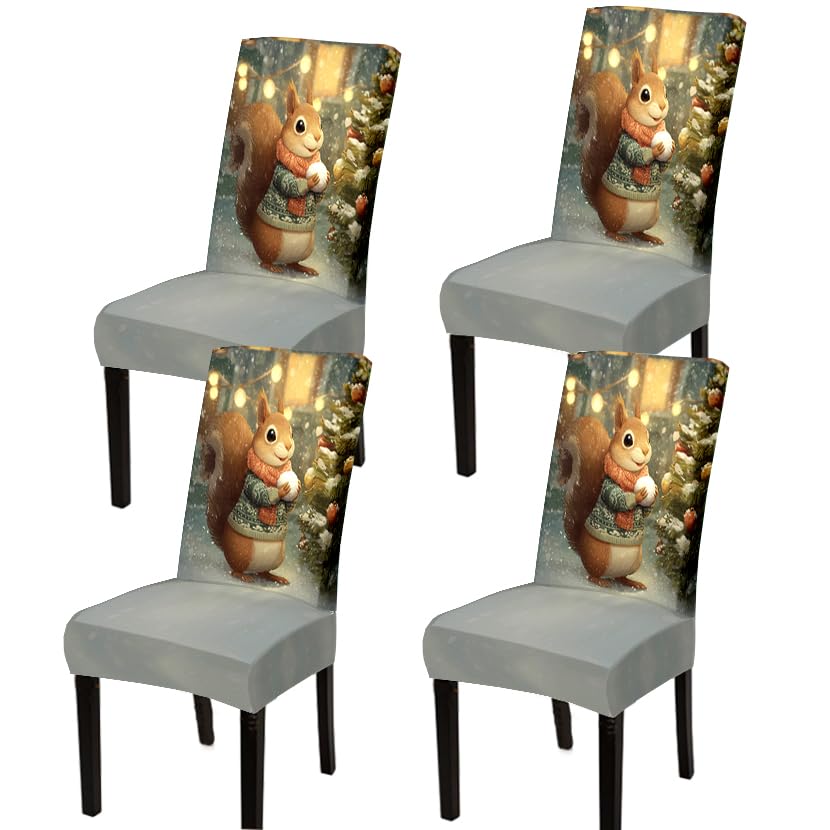 Image of Squirrel Christmas Chair Covers Set of 4, Woodland Slipcovers