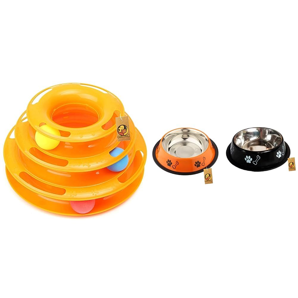 Foodie Puppies Interactive (3 Layers) Tower Track Roller with Colorful Balls & Stainless Steel Paw Bone Printed Bowl Combo- 700ml Each (Night Black and Fiery Orange) (B0CDDRP8V1) Amazon Price History, Amazon Price Tracker