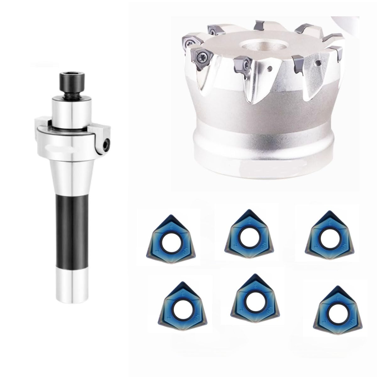 R8 face milling Cutter Set, Imperial System Tail Thread, R8-FMB22-7/16-20+WNMU04-50-22-8T,Milling Diameter 50mm, 8edges,Installation Inner Hole 22mm.Comes with 40pcs milling Inserts WNMU040304