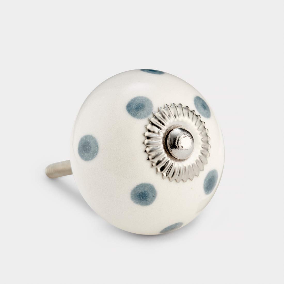 Pushka Home Ltd White, Grey, Silver Pushka Home White Grey Spotted Ceramic Cupboard Door Knob. 40Mm Grey Polka Dot Handle With White. Suits Doors Up To 27Mm. Sold Individually. Vintage Style Painted Retro Door Pull For Decorating Your Furniture.