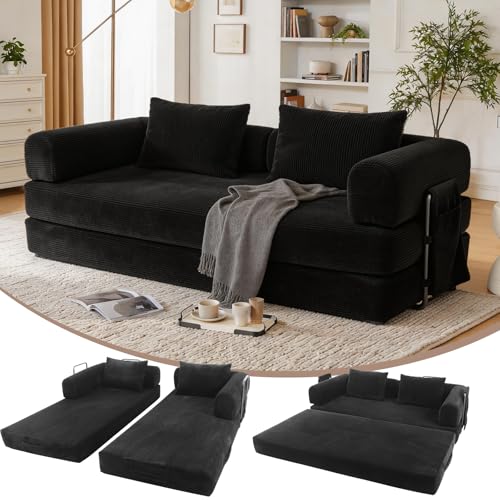 Convertible Corduroy Floor Sofa Bed, Modular Couch with Pull Out Mattress, Oversized Fold Out Futon Sleeper Sofa with Metal Support Brackets & Side Storage Pocket, Guest Bed for Living Room Apartment - Image 3