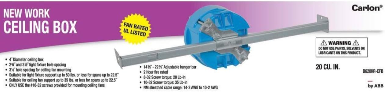 Carlon B620K Ceiling Fan Box, New Work, 4-Inch Diameter by 2-1/4-Inch Depth, Blue