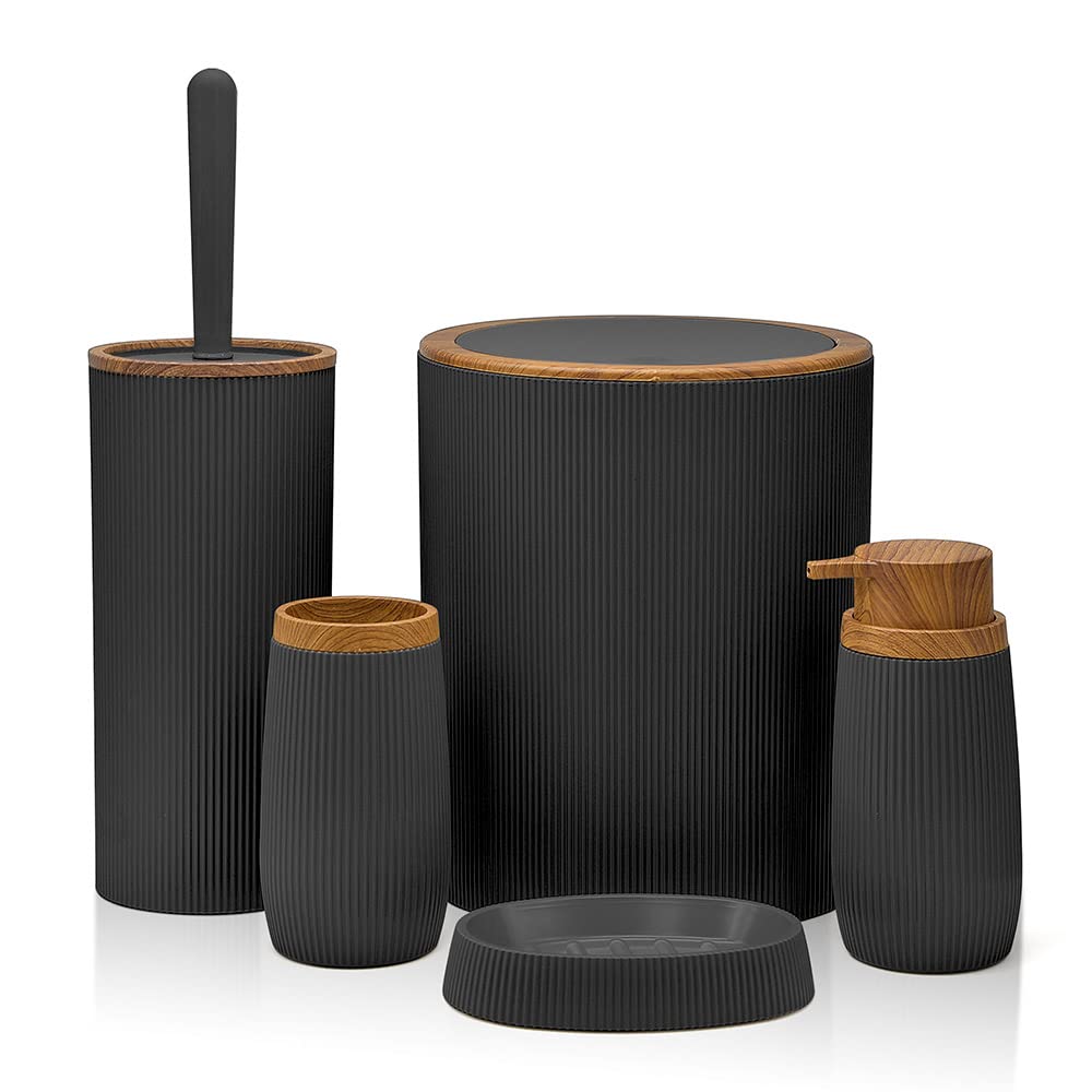 Inbagno Pattumiera 5lt, in plastica Nero Coperchio Basculante, Dettagli Effetto Legno, Serie Blob