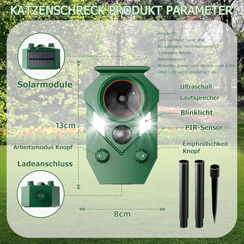 Katzenschreck für Garten, Katzenschreck Marderschreck Solar Ultraschall Tiervertreiber - mit Bewegungsmelder und Blinklicht, Gegen Katzen, Fuchs, Vogel, Rehe, marderabwehr, Hunde, Tauben, Waschbären