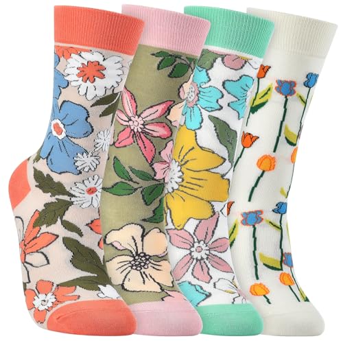 Image of HSELL Womens Novelty Socks with Colorful Flower Design Fancy Gift for Mom Lady Breathable Cotton Socks for Daily Wear