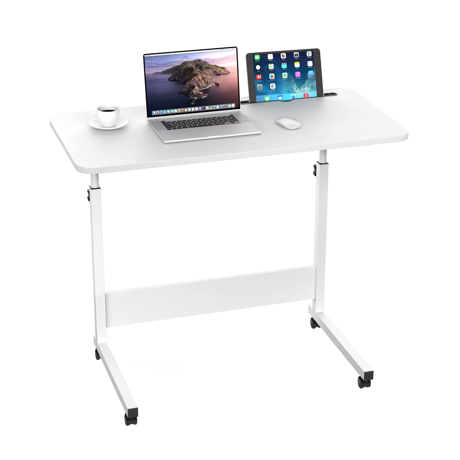 Scrivania Mobile con Ruote per Computer, Regolabile in Altezza, Tavolino da Letto con Slot per Schede, 80x40x69-90cm