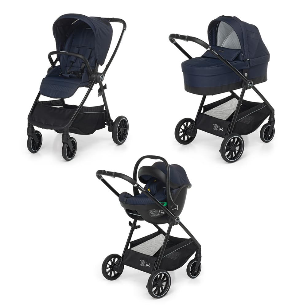 Foppapedretti Trío Divo I-Size, sistema modular combinado para niños, capazo y asiento de coche I-Size, cierre autoestable, conforme ECE R129, manejable compacto, ligero, marino