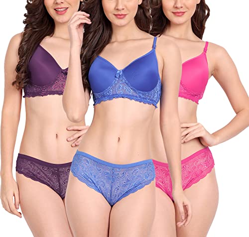 Image of FIMS - Fashion is my style Women Cotton Floral Lace Padded, Non-Wired, Full Coverage, Seamless Bra Panty Set, Multicolor, Lingerie Set