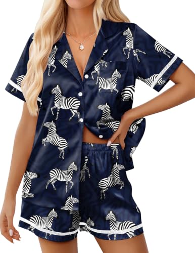 Image of Ekouaer Womens Silk Pajama Sets Button Up Satin Pjs Short Sleeve 2 Piece Pj Sets Cute Lounge Sets with Chest Pocket
