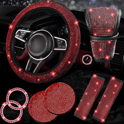 NBTEPEM 8 pcs Red Bling Car Accessories Set for Women, Bling Rhinestone Diamond Steering Wheel Cover, Sparkly Seat Belt Covers, Bling Gear Shift Cover, Universal Fit Most Cars (Red Diamond)