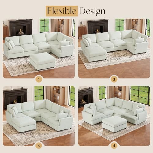 Image of 122.6 inch Chenille Modular Sectional 6 Seater Sofa, Deep Seat Couch with Ottoman & Removable Covers, Free Combination Modern Couch, L /U Shaped Modular Sectional Sofa, for Living Room, Apartment, Beige