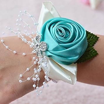 2pcs Package Wedding Prom Party Satin Rose Wrist Corsage Flower w/Pearl Rhinestone Fabric Leaves Ornament Wirstband