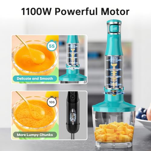 Image of Turelar Immersion Blender Handheld Corded Hand Blenders Set 1100W, Trigger Variable Speed 5 in 1 Stick Emulsifier with Chopper, Whisk and Frother for Soup, Baby Food and Smoothies, Cyan Blue