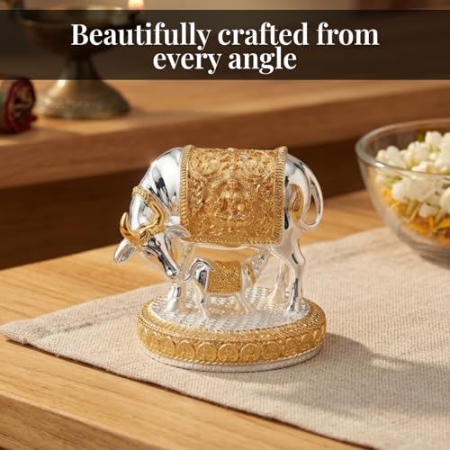 Image of 24K Gold and 999 Pure Silver Plated Kamdhenu Cow Idol - 3.5 Inch Auspicious Vastu Home Decor for Pooja Room and Mandir - Sacred Two-Tone Symbol of Prosperity and Success