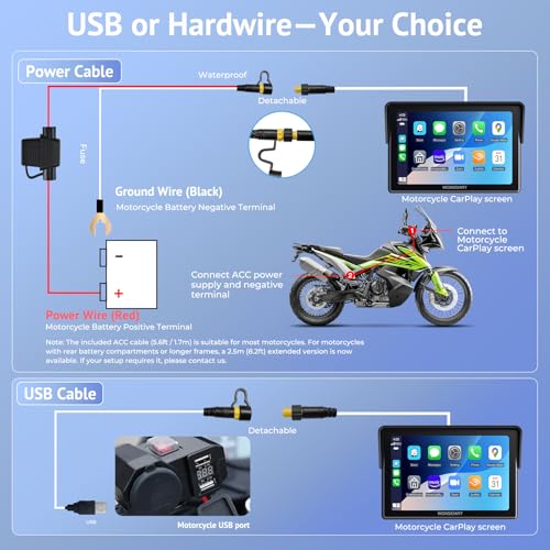 Image of 5 inch Motorcycle CarPlay Wireless for Apple CarPlay & Android Auto,W522 Car Play Motorbike Waterproof Touch Screen with Dual Bluetooth,GPS Navigation,Siri /G-Assist,EQ,USB /Hardwired Power Supply