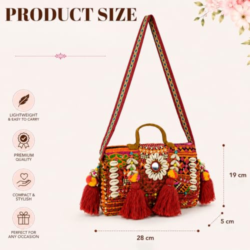 Image of MOMISY Handicraft Handmade Cotton Ethnic Rajasthani Embroidered Banjara Bags for Women Sling Clutch with Handle Purses for Ladies Girls