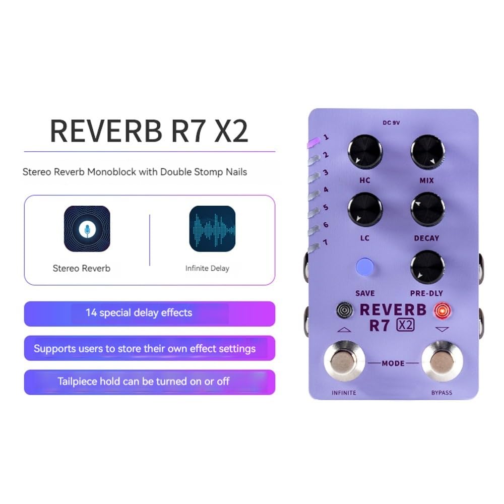 Efecto de bloque único R7X2, pedal de reverberación estéreo de clavijas dobles, efecto de guitarra eléctrica